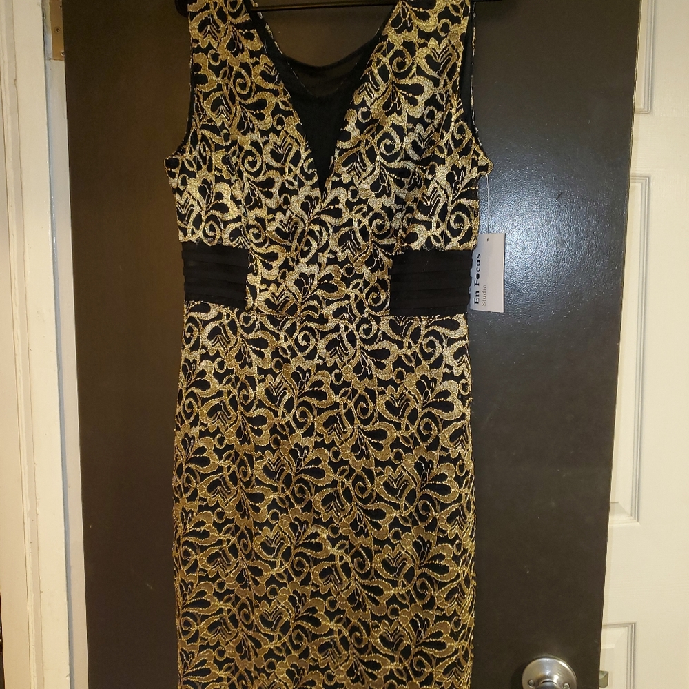 Cocktail dress knee length gold and black cocktail dress. Size 12. Nwt